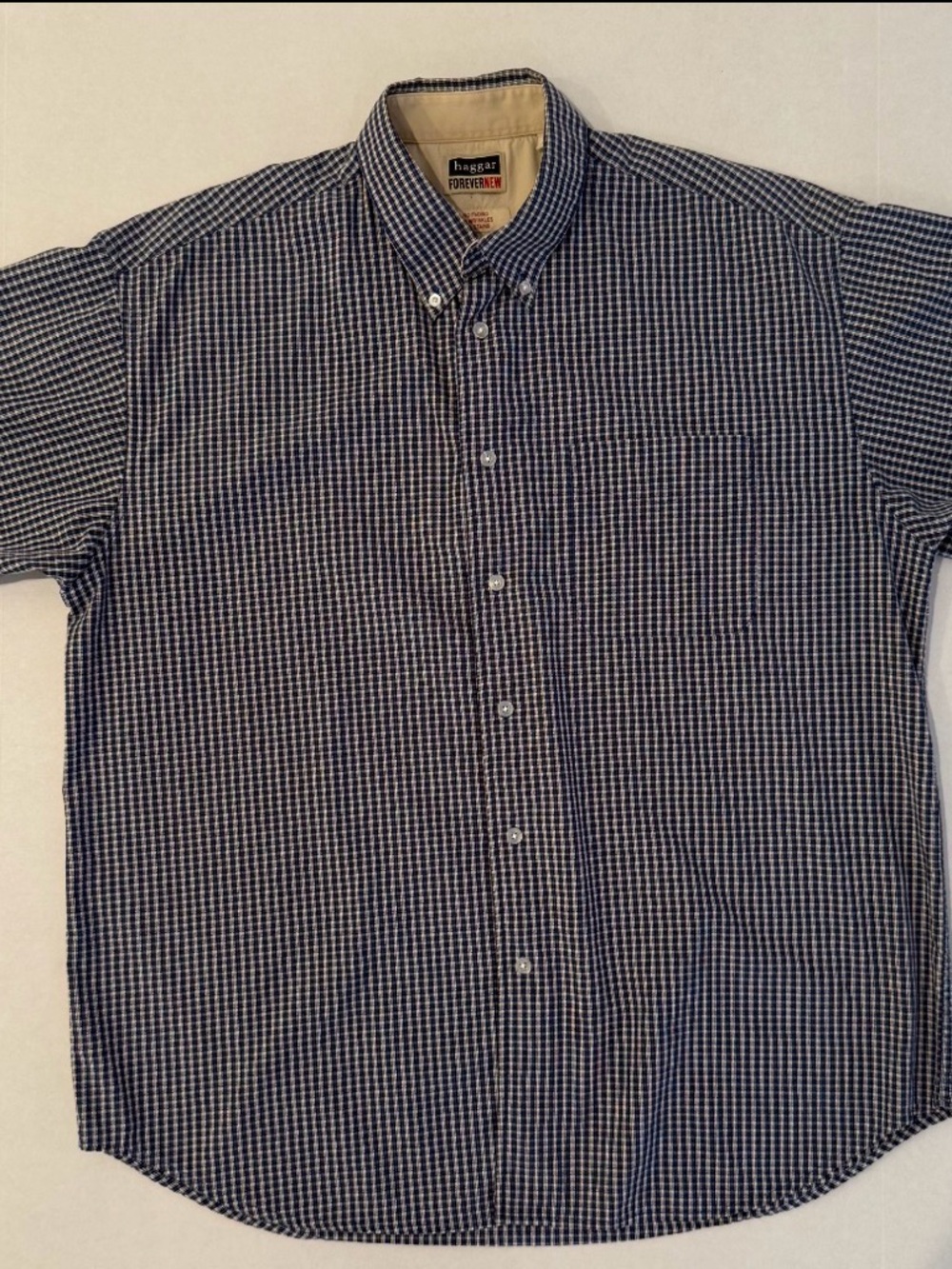 Haggar Forevernew Men’s Large Blue Plaid Short Sleeve Shirt